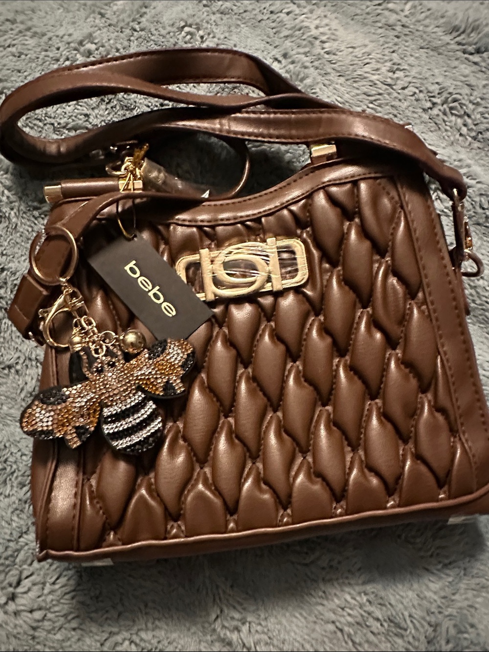 bebe Quilted Chocolate Brown Shoulder Bag with Gold Hardware and Bee Charm